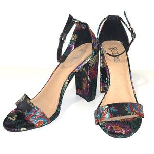 Floral Faux-Silk Single Strap Block Heels
